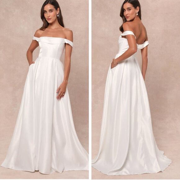 Lulus Extraordinary Vow White Off-the-Shoulder Maxi Dress Pockets Size Small NWT - Picture 1 of 10